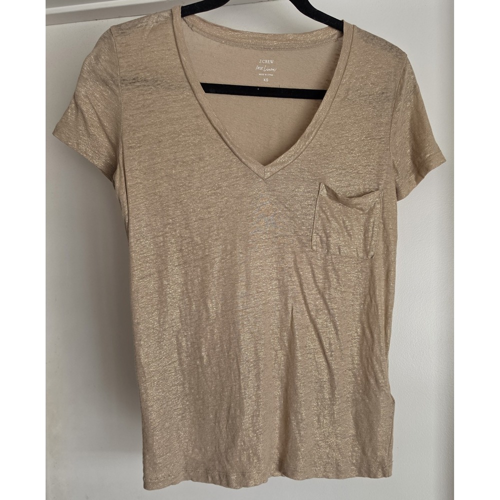 J.Crew Linen T-Shirt XS Gold V-Neck Short Sleeve Casual Solid Top Tee